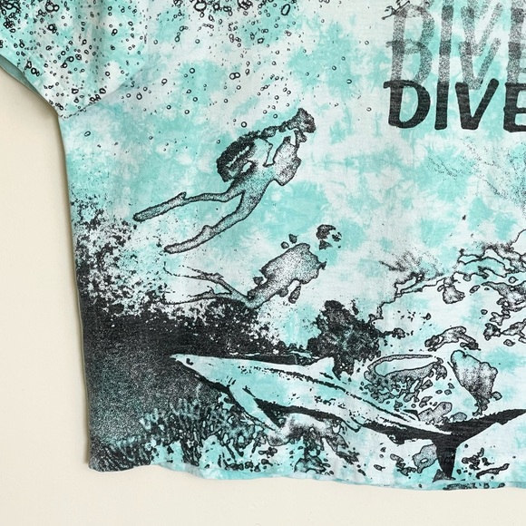 Vintage 90s Dive All Over Scuba Ocean Bubble Print Aqua Tie Die T Shirt Adult XL - Picture 8 of 16